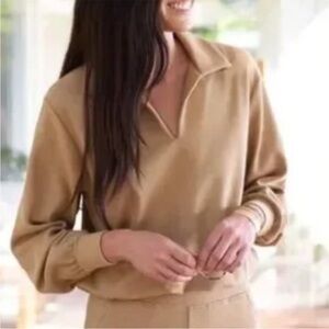 AYR The Court Side Polo Pullover Cropped Soft Knit Casual Sweatshirt Tan Size S